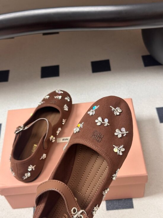 Miu Miu Brown Rhinestone-Embellished Mary Jane Ballet Flats - Picture 5 of 8